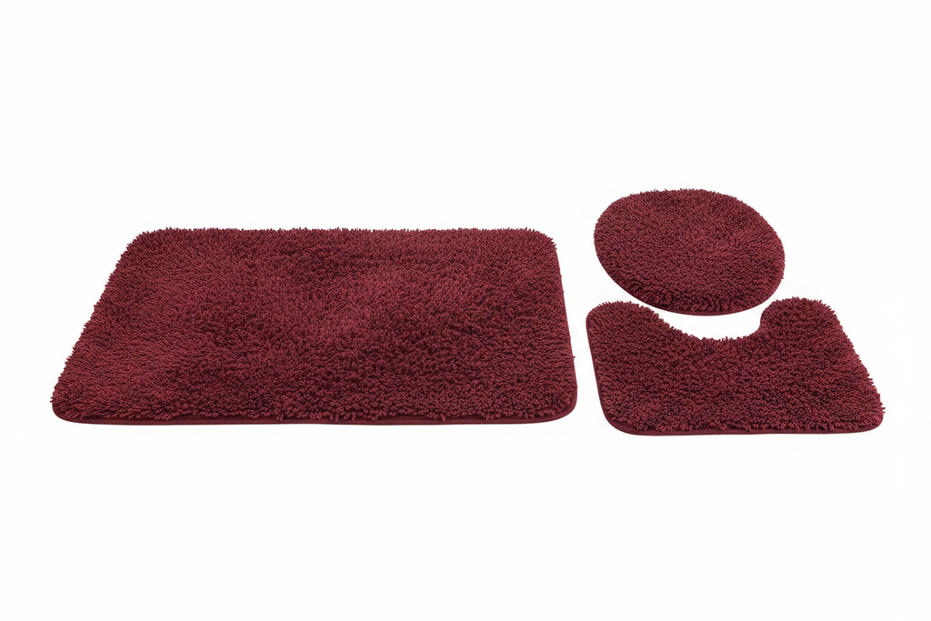 3-Piece Shaggy Bathroom Mat Set Burgundy Red
