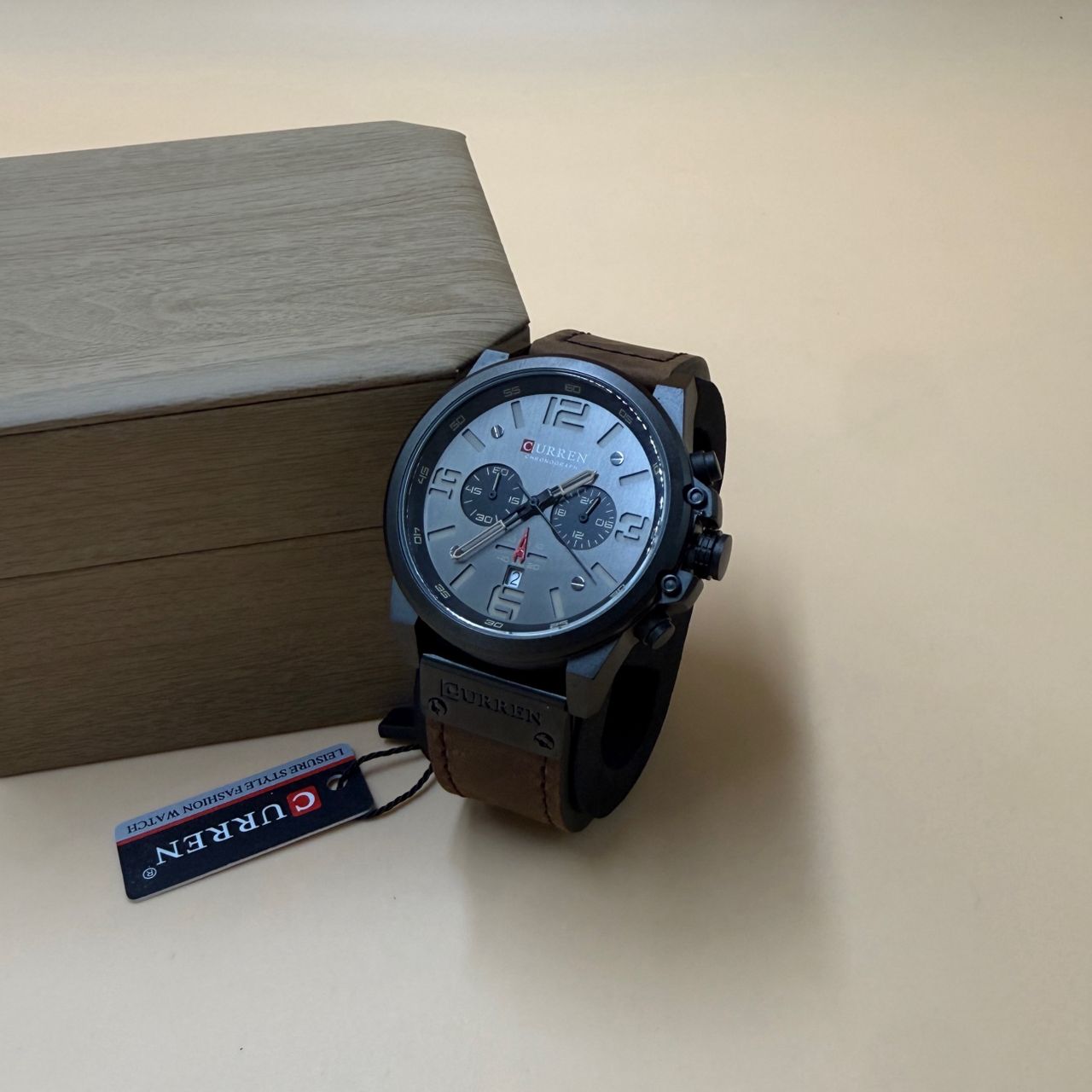Curren Leisure Style Fashion Chronograph Watch | Brown Leather Strap | Grey Dial | Men
