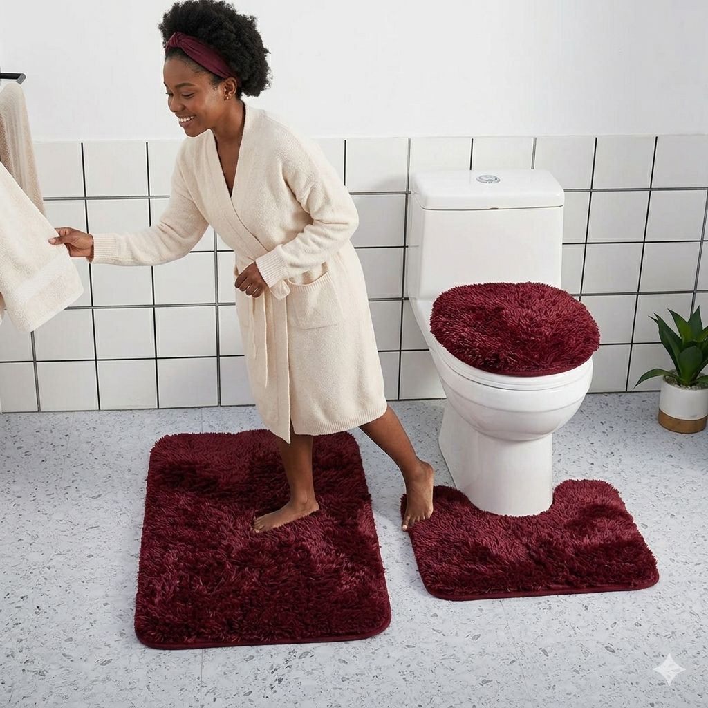 3-Piece Shaggy Bathroom Mat Set — Burgundy Red