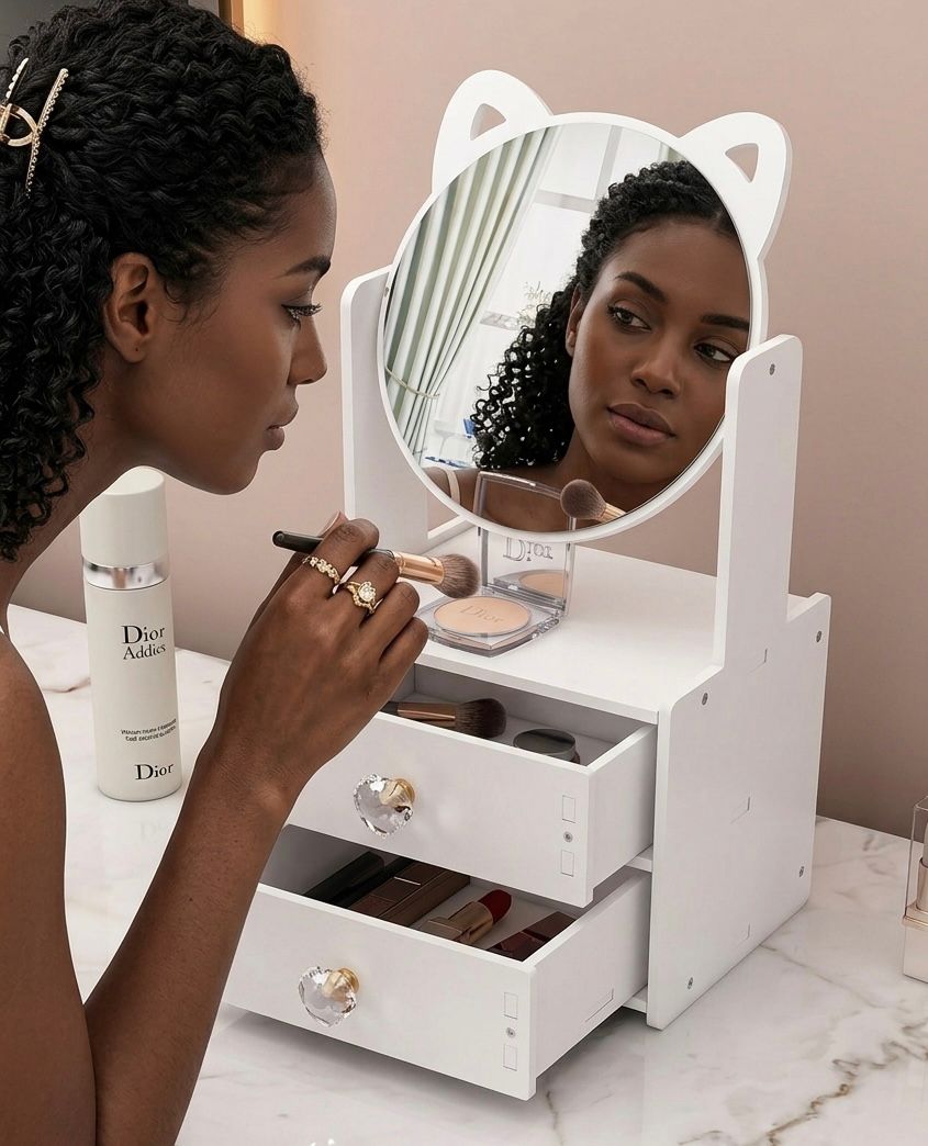 Cat Ear Vanity Mirror with Makeup Organiser & 2 Drawers — White