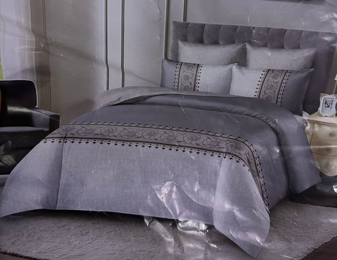 6x6 Luxury Silver Grey Embroidered Duvet Set – 4pc Bedding Set