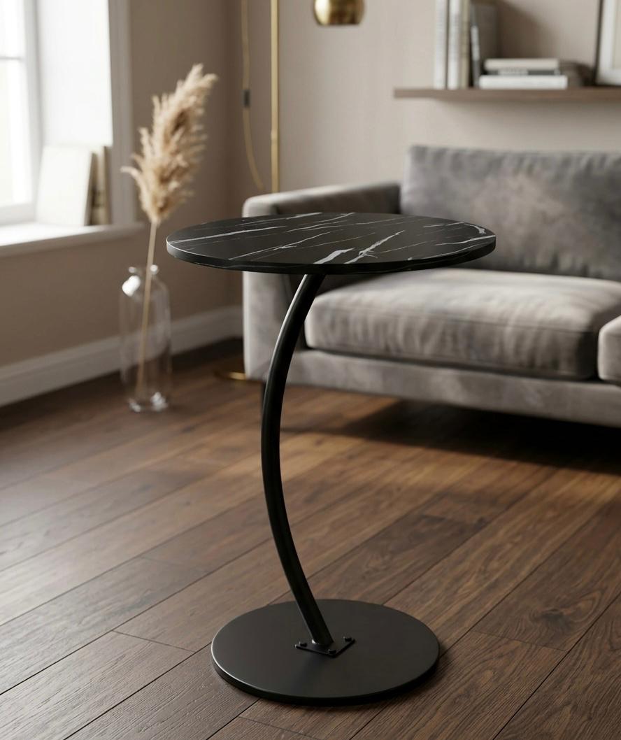 Black Marble Top Side Table with Curved Metal Base