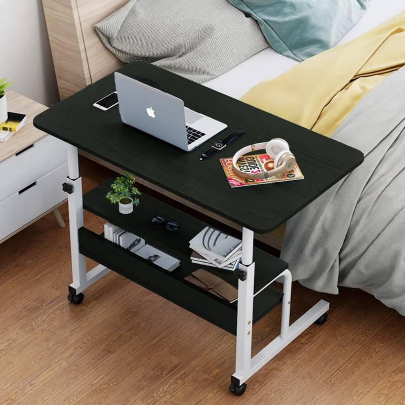 Black Adjustable Laptop Desk with 2 Shelves on Wheels
