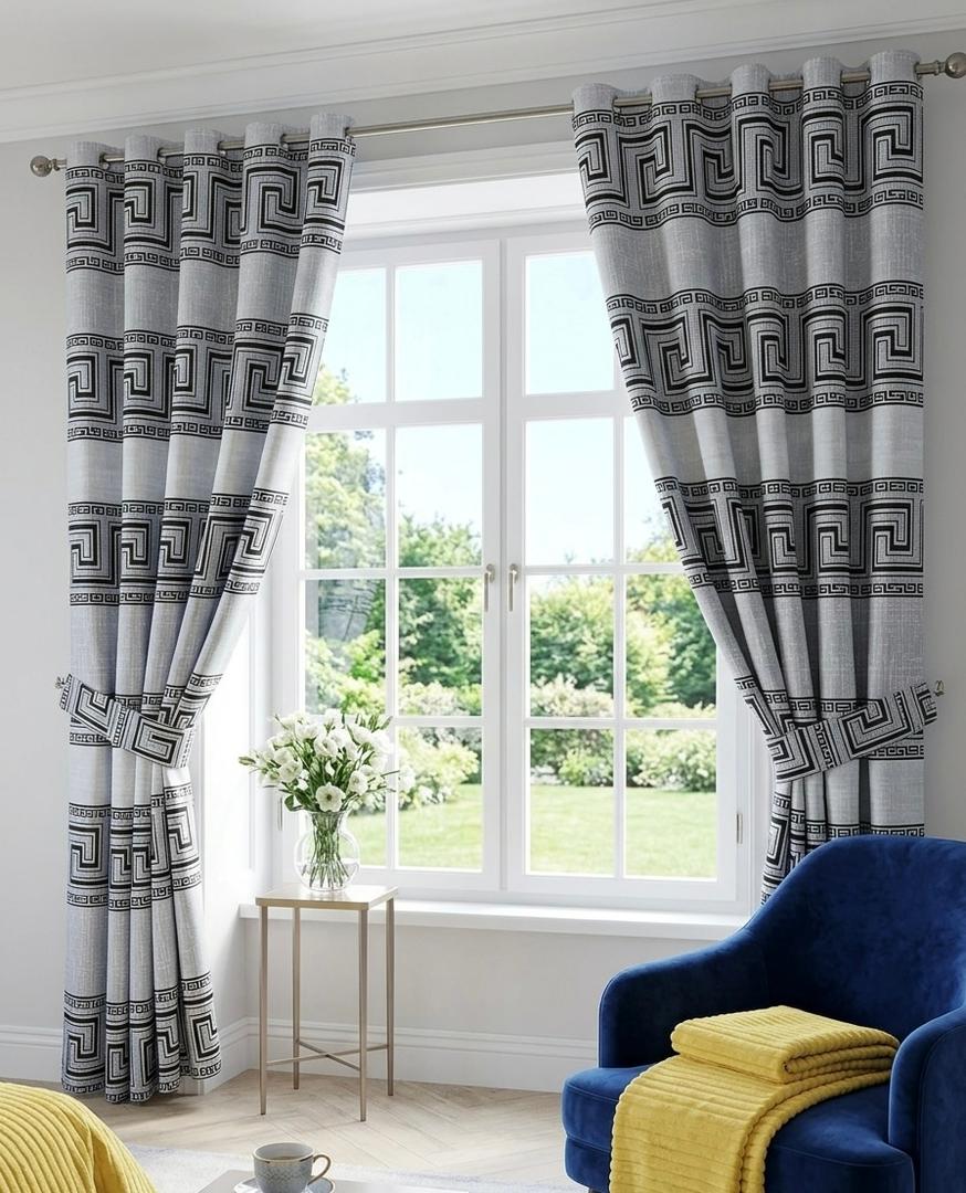 Grey Leaf Print 3pc Curtain Set