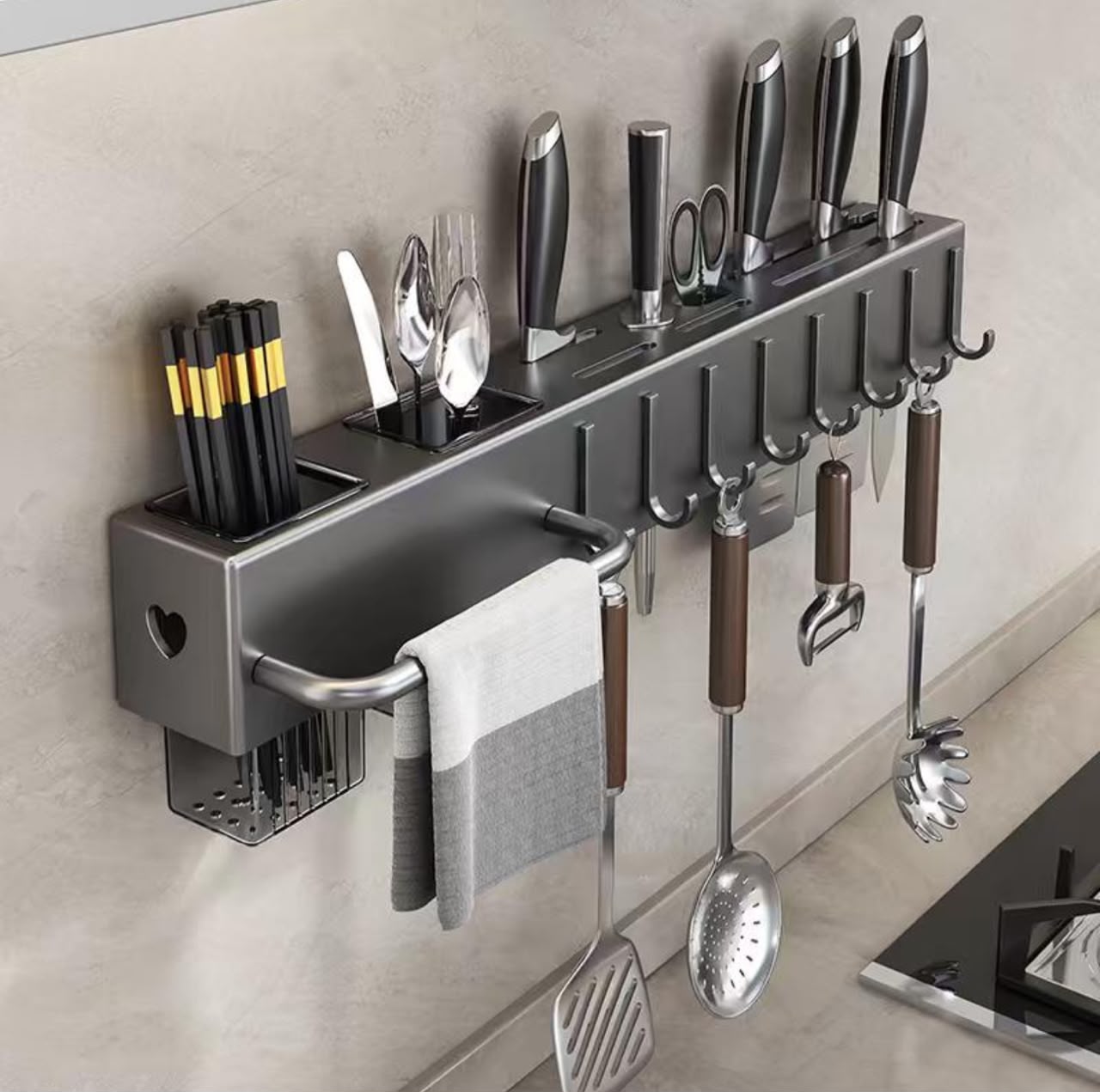 Wall-Mounted Kitchen Organiser Rack - Knife Block, Hooks & Towel Bar