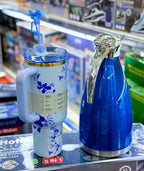 Stanley Cup & Stainless Steel Flask Combo – Blue Floral | Tumbler with Straw + Vacuum Flask