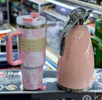 Stanley Cup & Stainless Steel Flask Combo – Pink Marble | Tumbler with Straw + Vacuum Flask