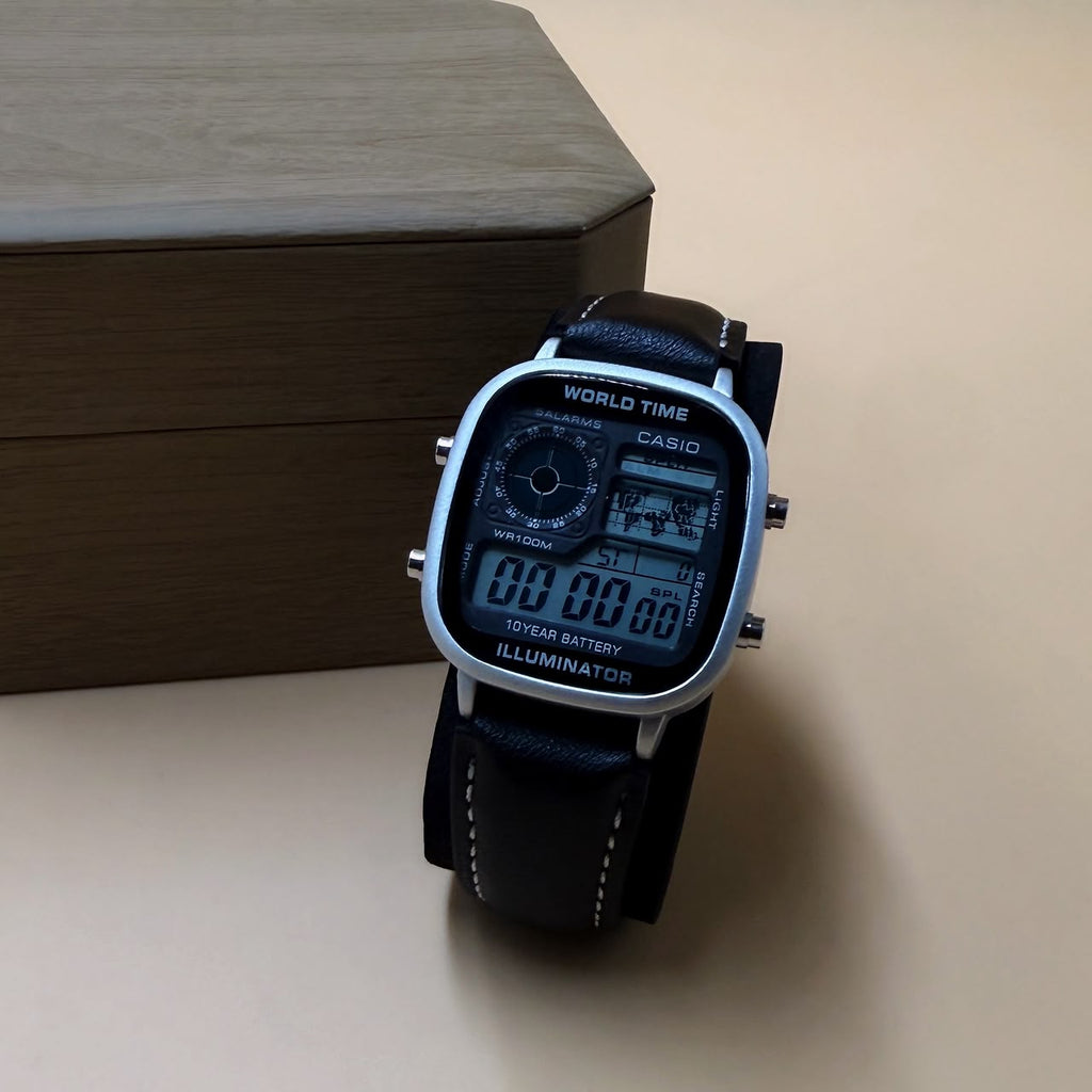 Casio AE-1200WHD World Time Illuminator Digital Wristwatch - Black Leather Strap