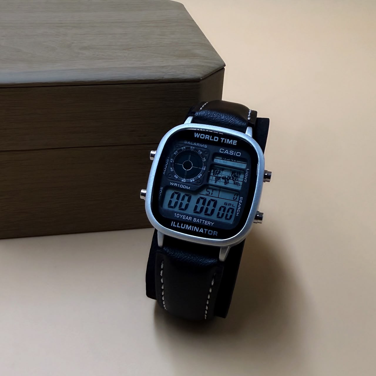 Casio AE-1200WHD World Time Illuminator Digital Wristwatch - Black Leather Strap