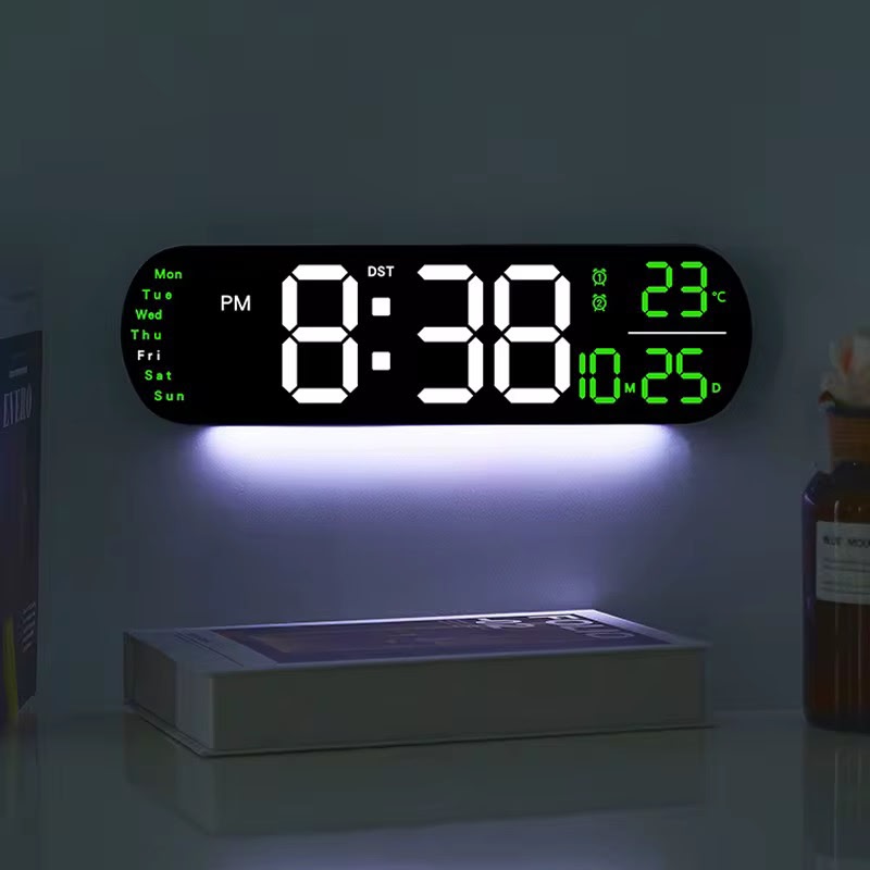 Large Digital LED Wall Clock with Temperature, Date & Day Display - Black