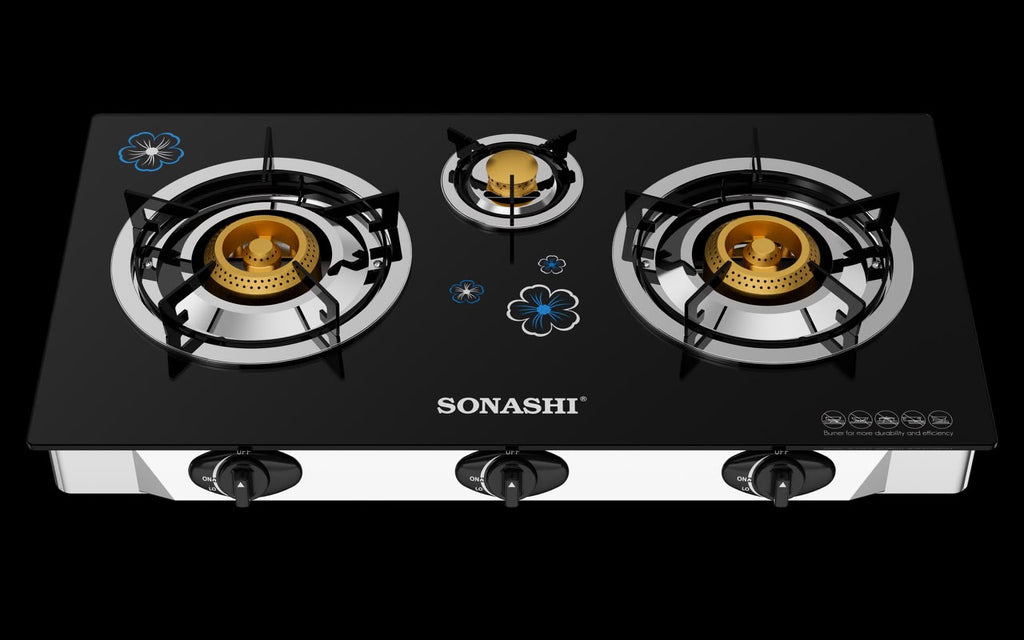 Sonashi 3 Burner Tempered Glass Gas Cooker | Brass Burners | Auto Ignition