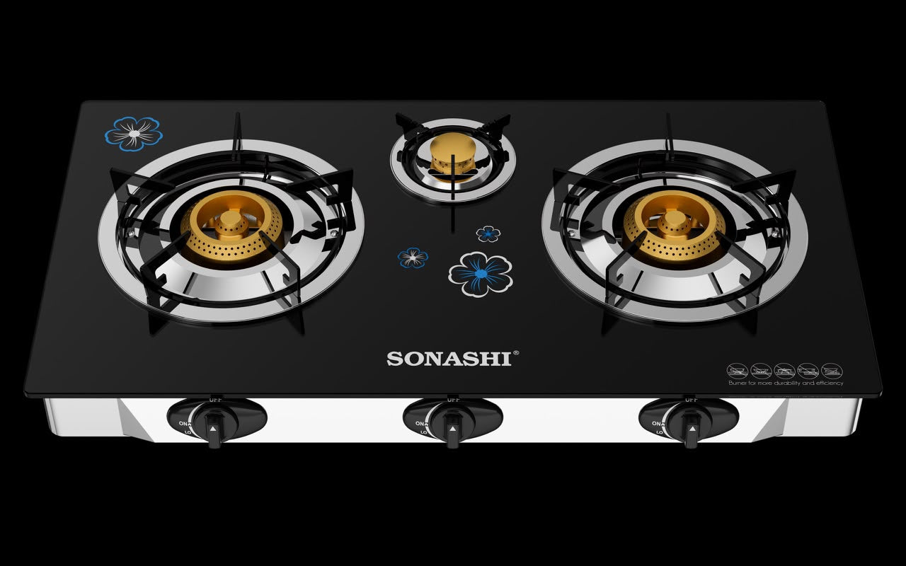 Sonashi 3 Burner Tempered Glass Gas Cooker | Brass Burners | Auto Ignition