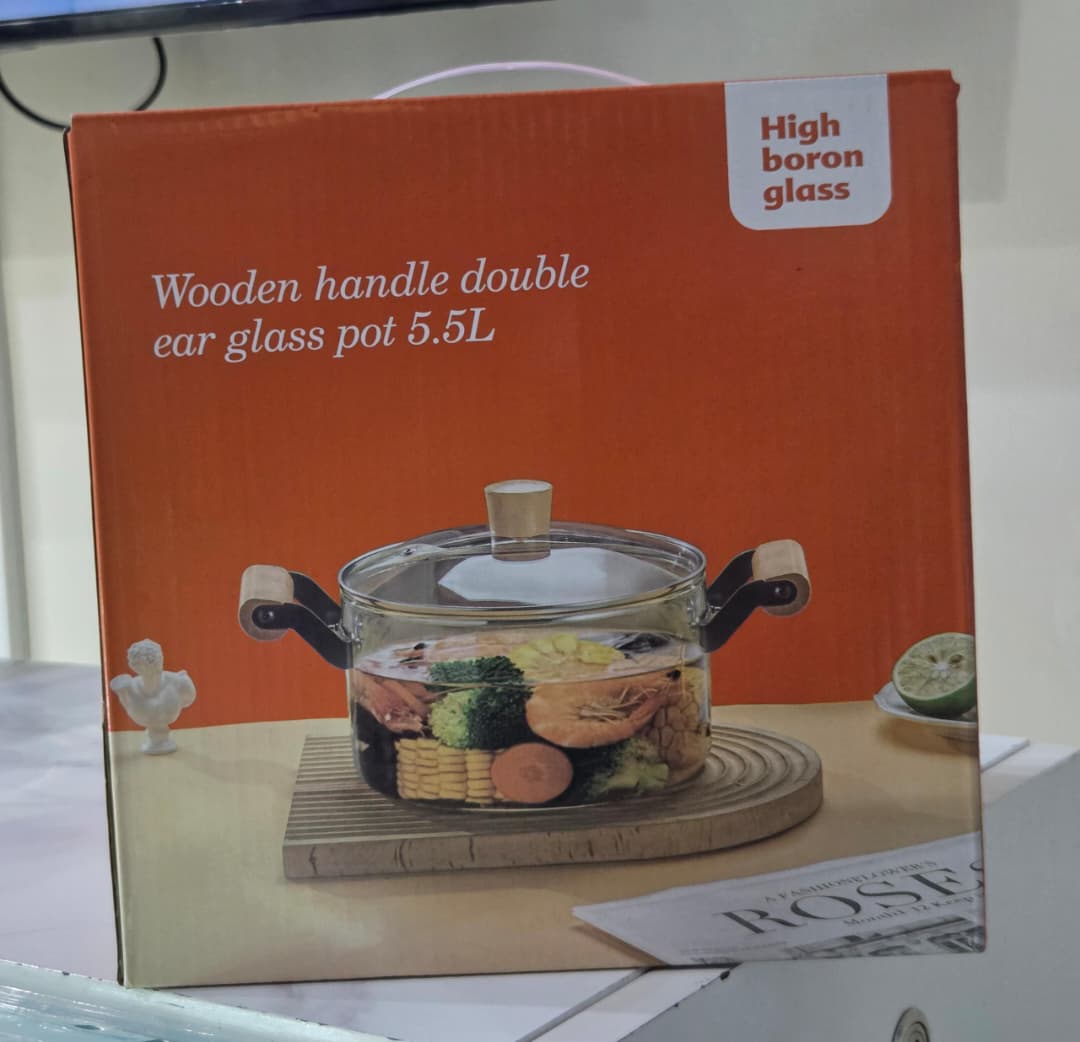 5.5L Wooden Handle Double Ear Glass Cooking Pot | High Boron Unbreakable Glass | Clear Round Pot with Lid