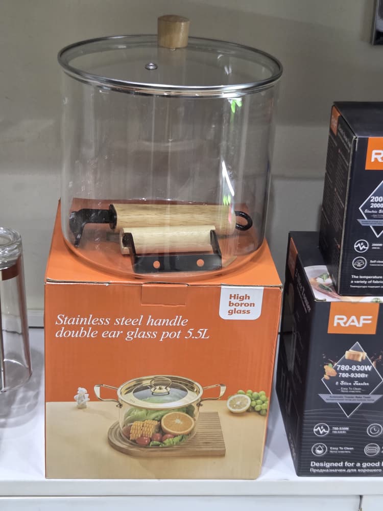 5.5L Wooden Handle Double Ear Glass Cooking Pot | High Boron Unbreakable Glass | Clear Round Pot with Lid