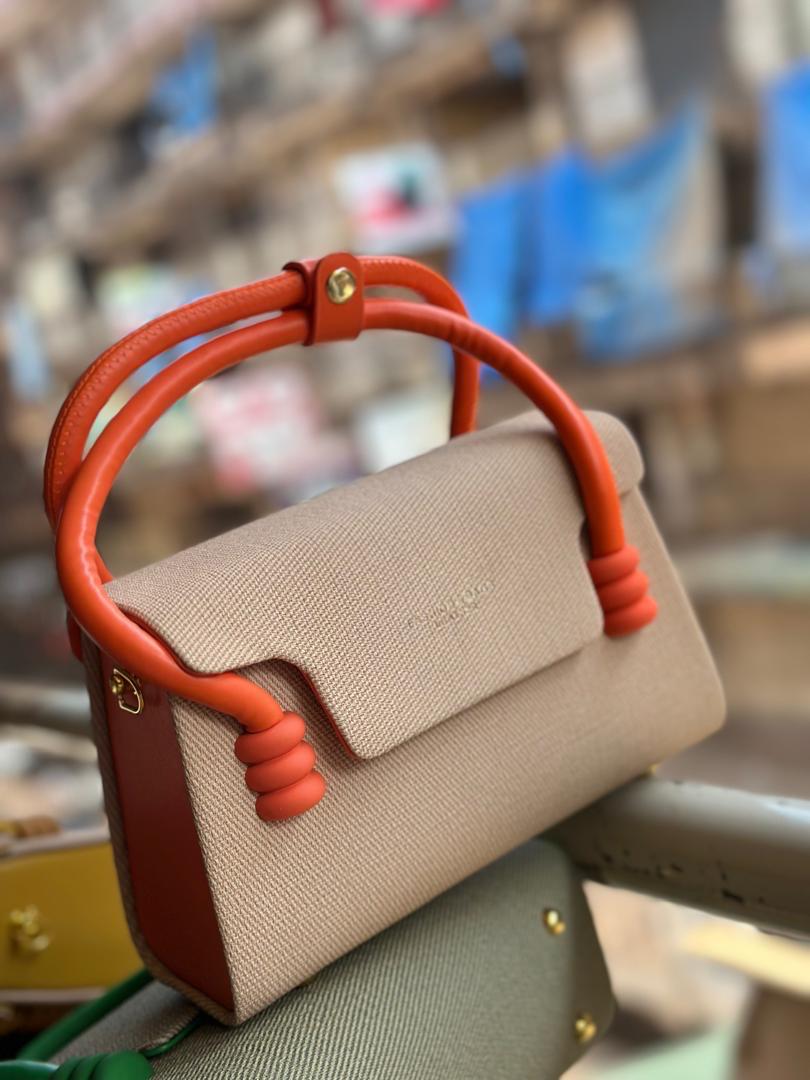 Fashion & Bags Leather Mini Top Handle Bag | Double Arch Handle | Beige Tweed | Orange Handle | Gold Hardware | Women