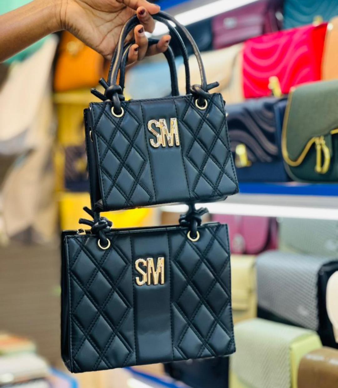 SM Quilted Tote Bag | 2-Piece Set (Small + Large) | Gold Logo | Knotted Handles - Black