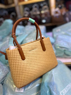 Christina&OLK Woven Houndstooth Mini Tote | Gold Logo | Leather Handles - Beige
