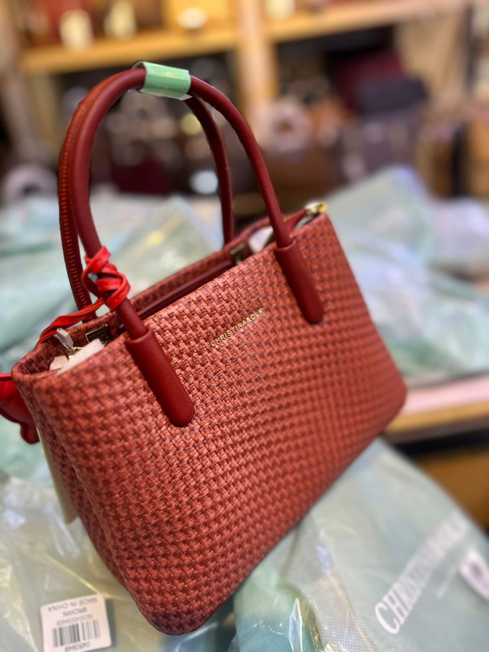 Christina&OLK Woven Houndstooth Mini Tote | Gold Logo | Leather Handles - Beige