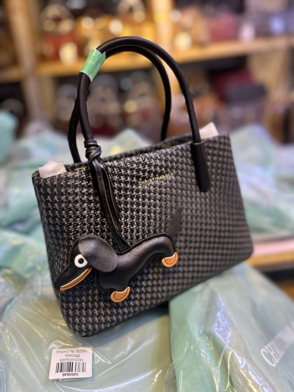 Christina&OLK Woven Houndstooth Mini Tote | Gold Logo | Leather Handles - Red