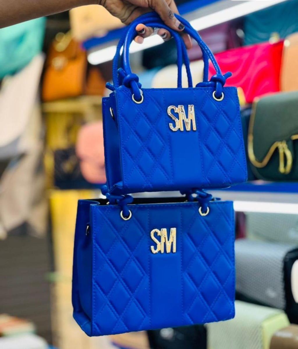 SM Quilted Tote Bag | 2-Piece Set (Small + Large) | Gold Logo | Knotted Handles - Royal Blue