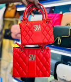 SM Quilted Tote Bag | 2-Piece Set (Small + Large) | Gold Logo | Knotted Handles - Red