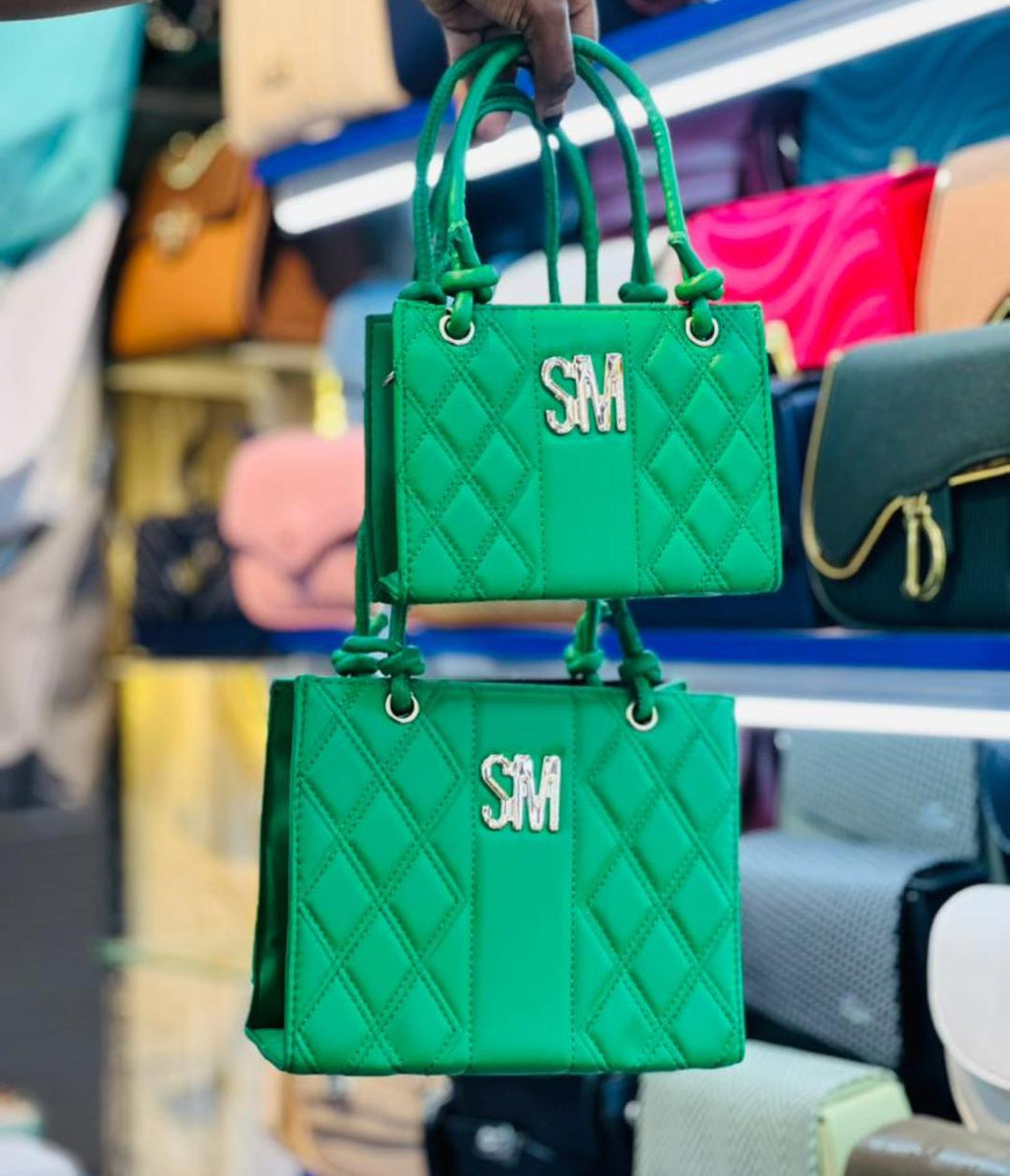 SM Quilted Tote Bag | 2-Piece Set (Small + Large) | Gold Logo | Knotted Handles - Green