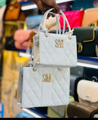 SM Quilted Tote Bag | 2-Piece Set (Small + Large) | Gold Logo | Knotted Handles - White