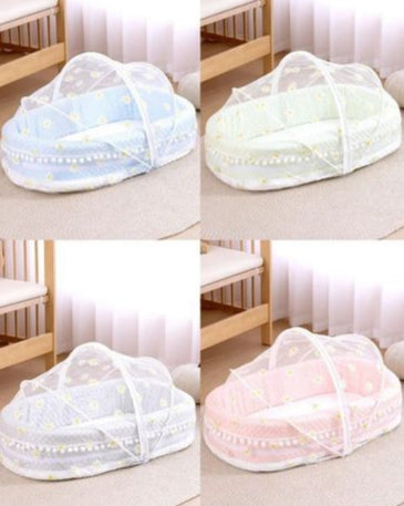 Baby Mosquito Net Bed | Portable Bassinet | Pillow Included | Pom-Pom Trim - Blue