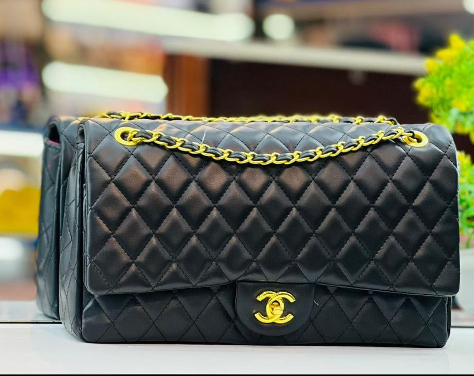 Black Channel Big Size Double Flap Quilted Bag