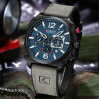 Curren Classic Men's Chronograph Watch – Black Case Blue Dial Grey Leather Strap