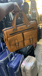Jeep Brand Men's Tan Leather Briefcase Bag with Square Pockets
