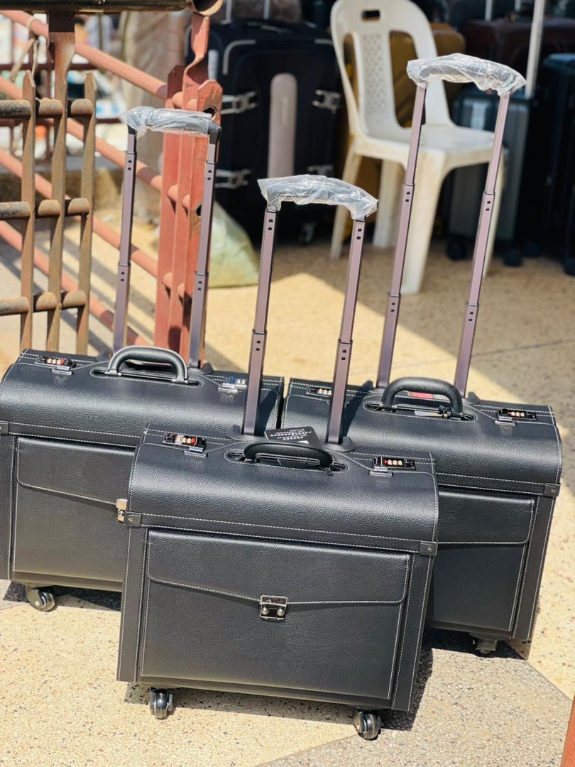 Black Leather Pilot Trolley Suitcase