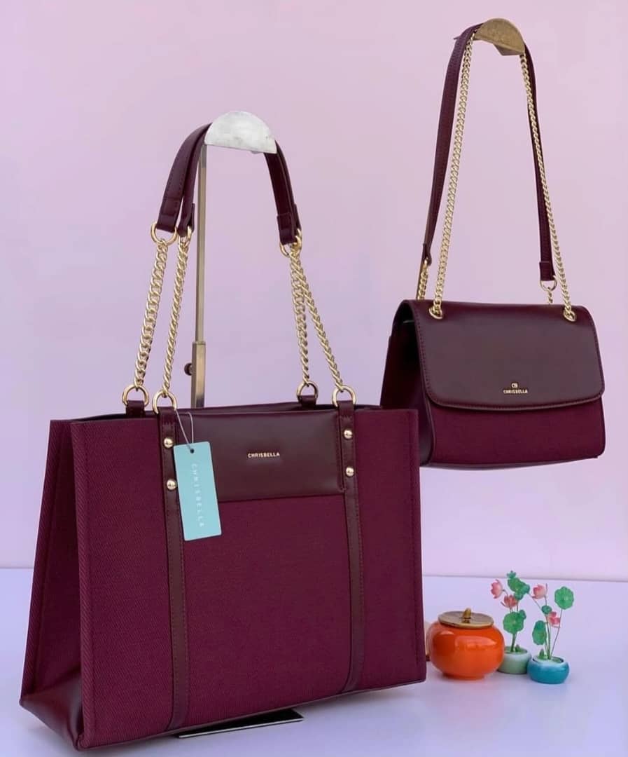 Chrisbella 2-Piece Burgundy Bag Set - Tote and Chain Shoulder Bag