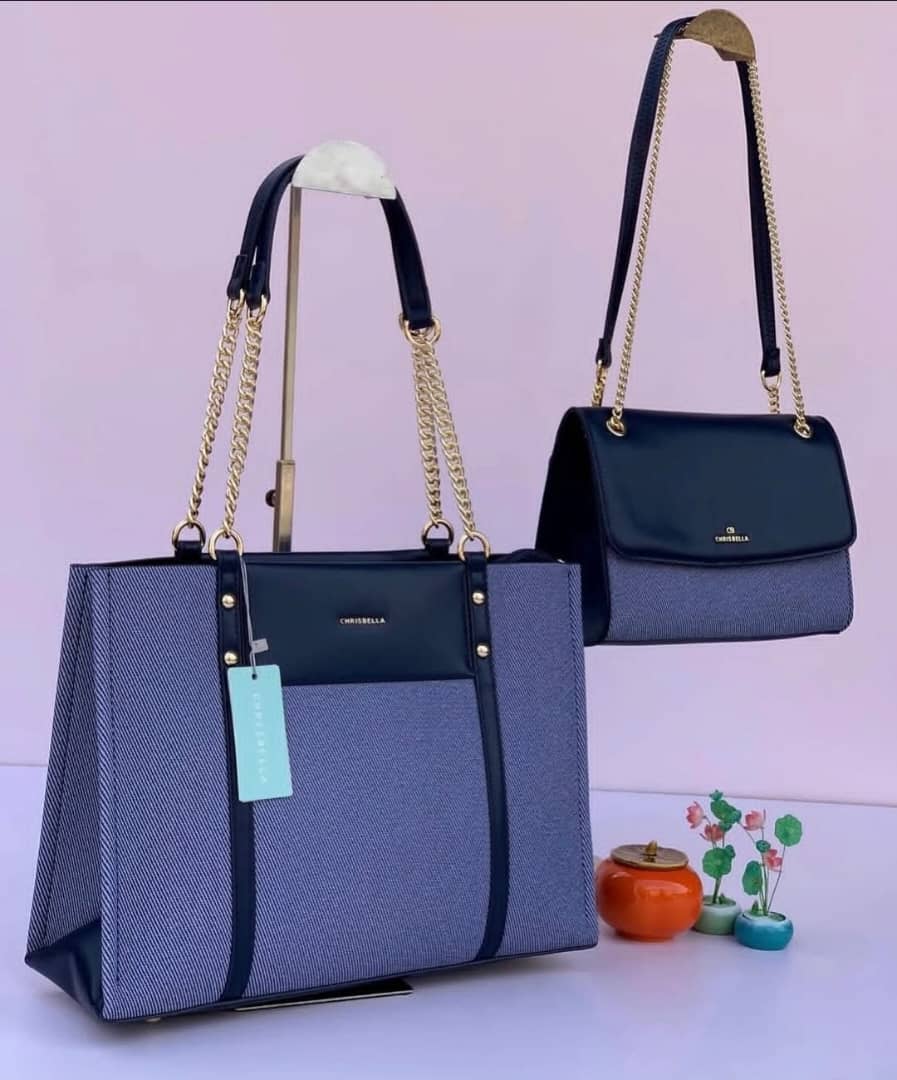 Chrisbella 2-Piece Blue Grey Bag Set - Tote and Chain Shoulder Bag
