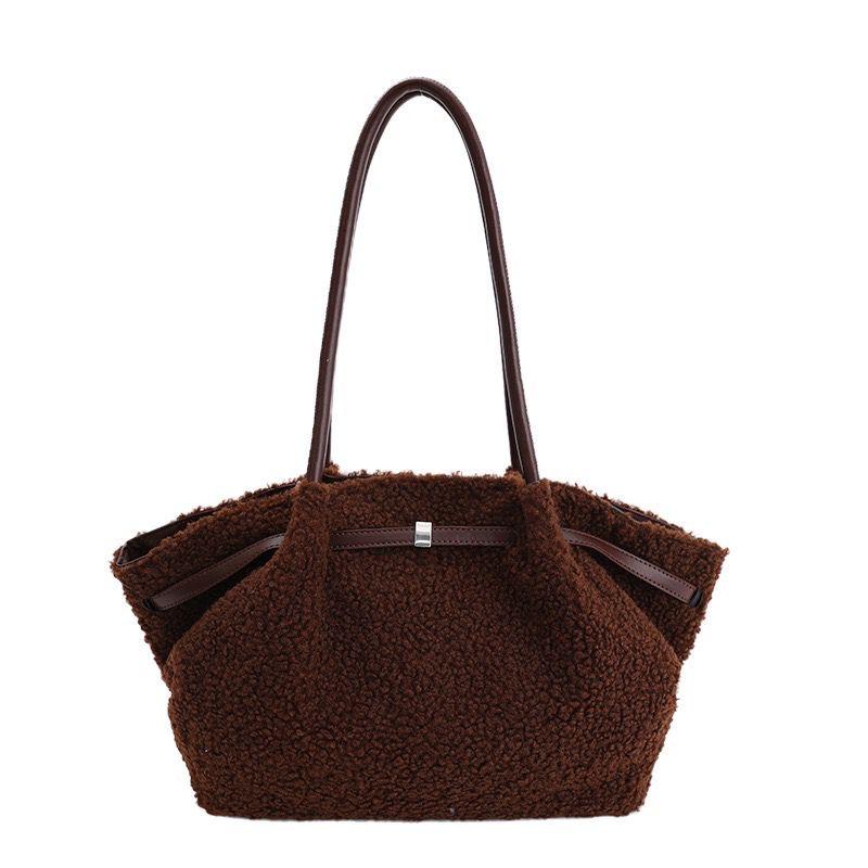 Chocolate Shearling Shoulder Bag - brown teddy tote with leather straps