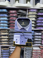 Verso Ceremony blue striped dress shirt with white collar