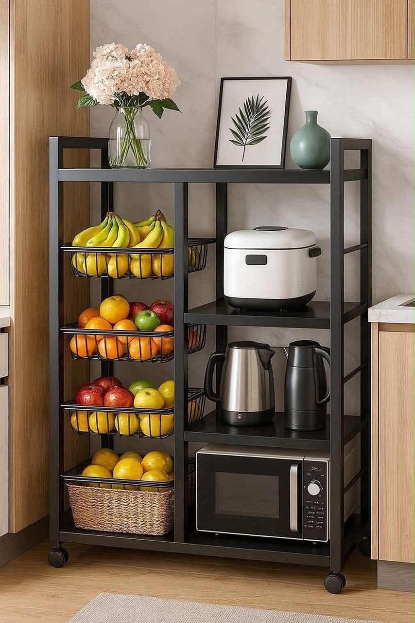 4-Tier Kitchen Baker's Rack with Wire Fruit Baskets and Wheels