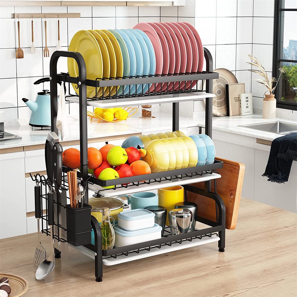 3-Tier Dish Rack & Kitchen Organizer with Utensil Caddy and Hooks