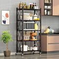 5-Tier Foldable Kitchen Shelf Rack with Wheels – Black Metal