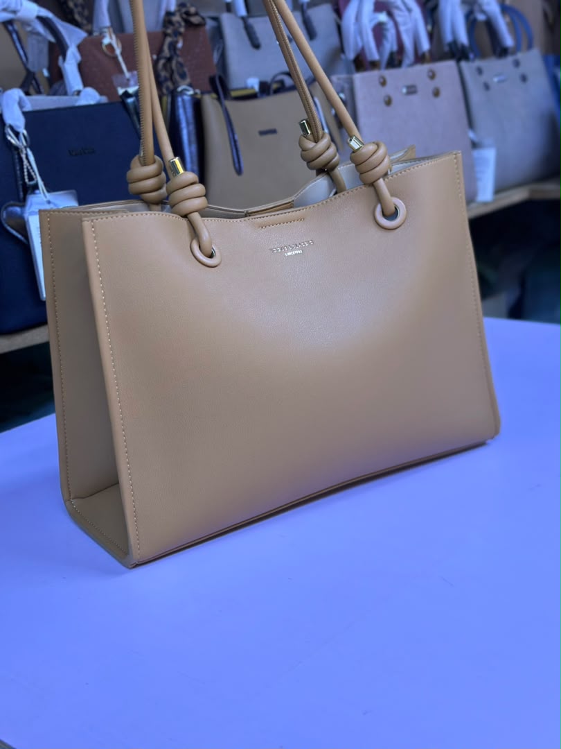 Women's Knot Handle Leather Tote Bag - Tan Brown side view