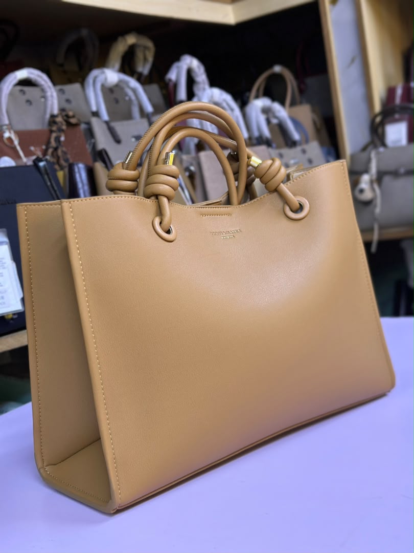 Women's Knot Handle Leather Tote Bag - Tan Brown front view