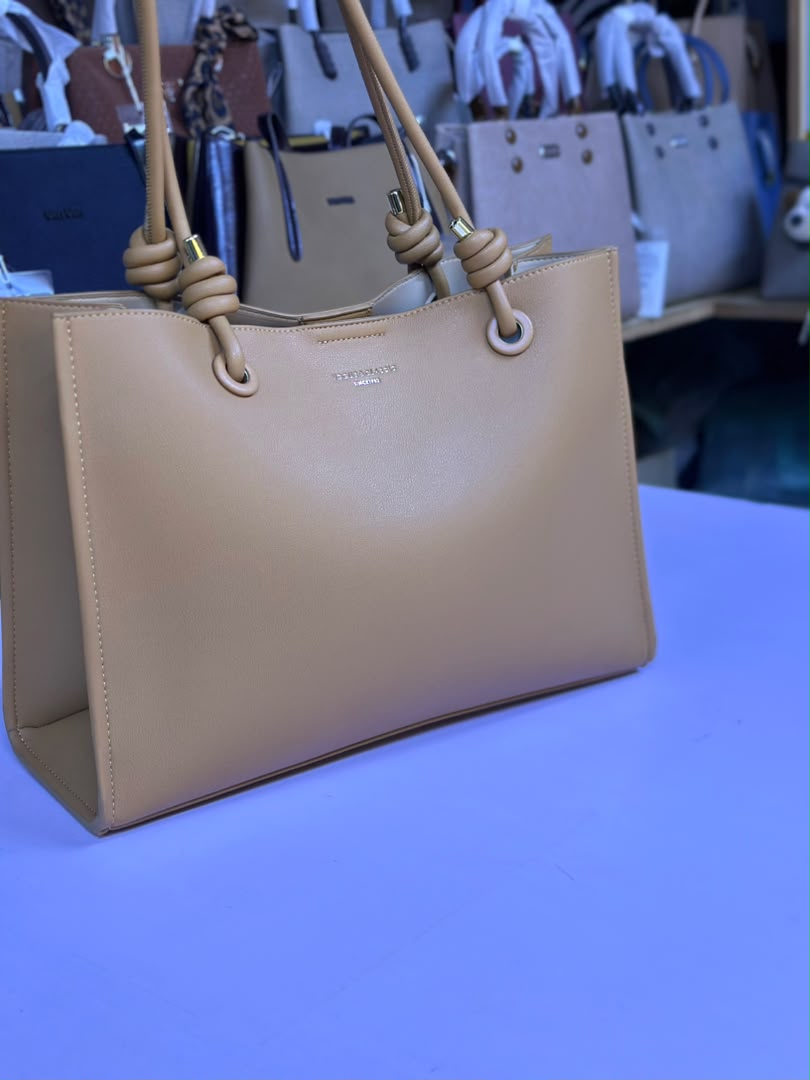 Women's Knot Handle Leather Tote Bag - Nude Beige front view