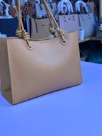 Women's Knot Handle Leather Tote Bag - Nude Beige front view