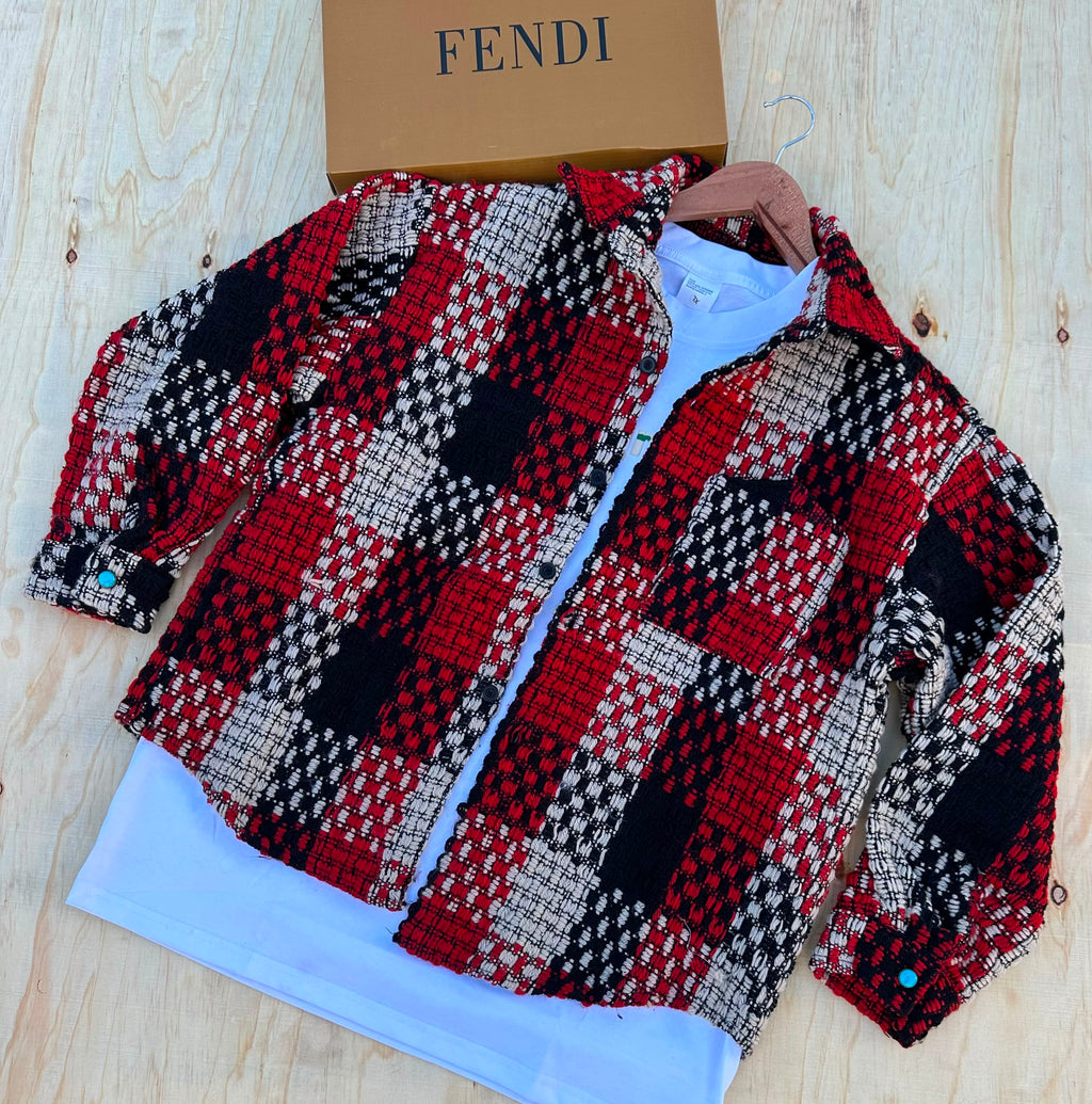 Fendi Plaid Tweed Jacket – Red, Black & White checkered pattern with snap buttons