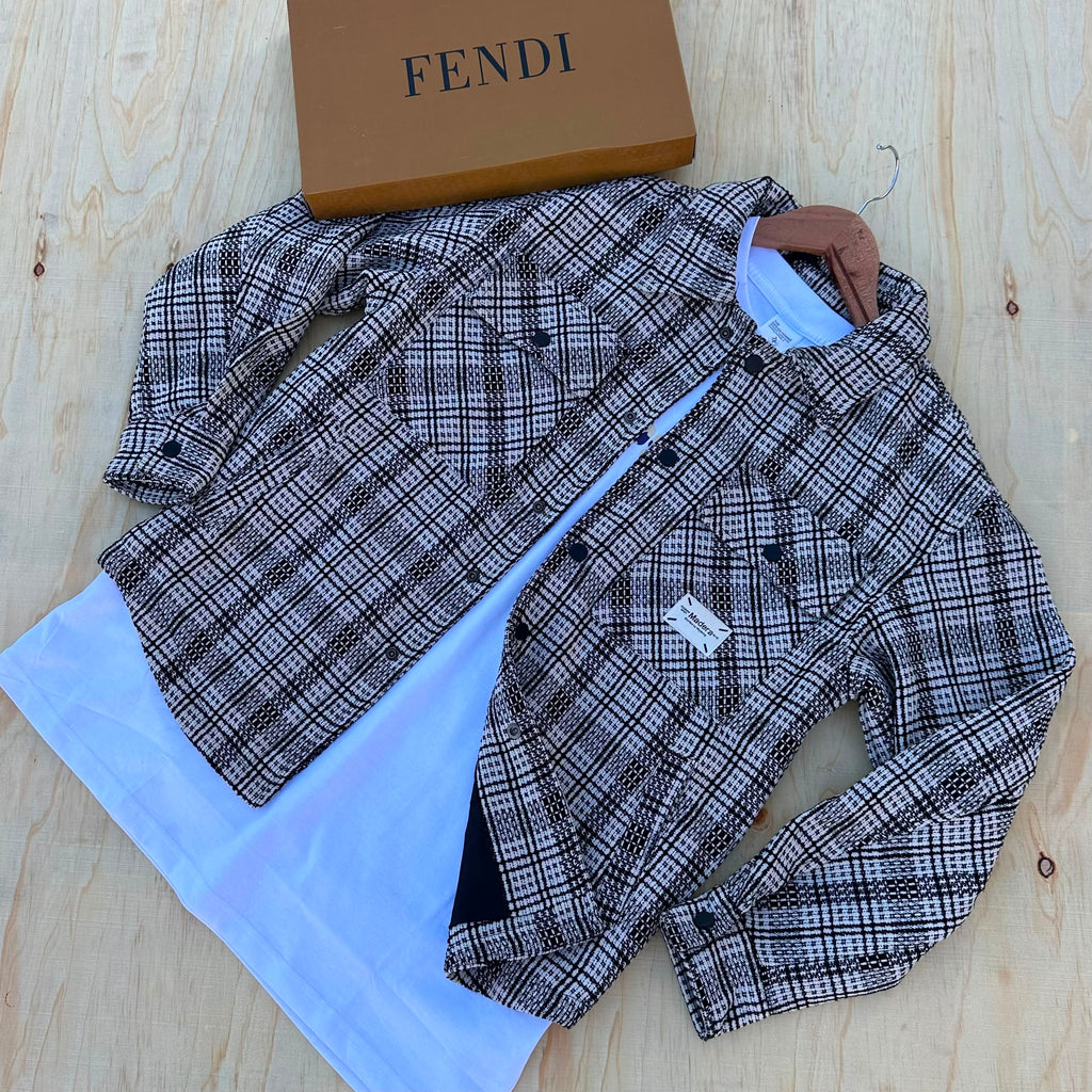 Fendi Glen Plaid Tweed Jacket in black and white with snap buttons