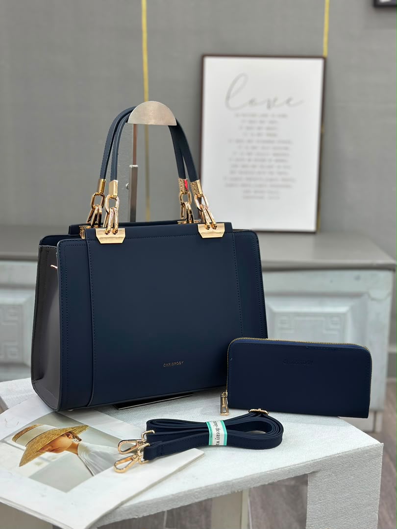 Chrisroby handbag set in navy blue with wallet and shoulder strap