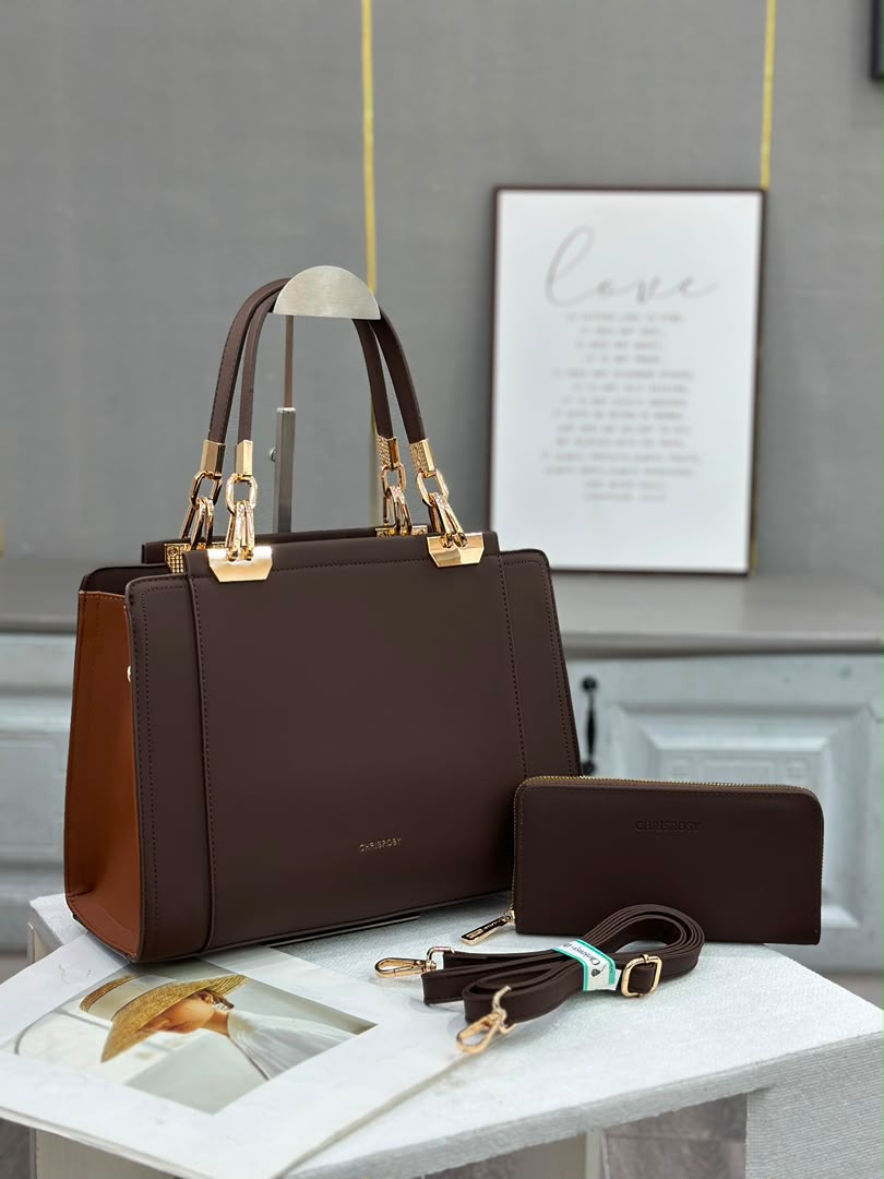 Chrisroby handbag set in brown with wallet and shoulder strap