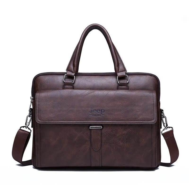 Jeep Buluo dark brown leather briefcase bag - front view on white background