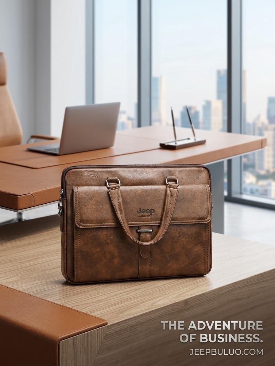 Jeep Buluo brown leather briefcase on executive desk - The Adventure of Business