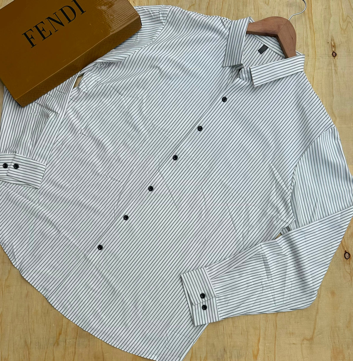 Men's white striped long sleeve button shirt with Fendi box